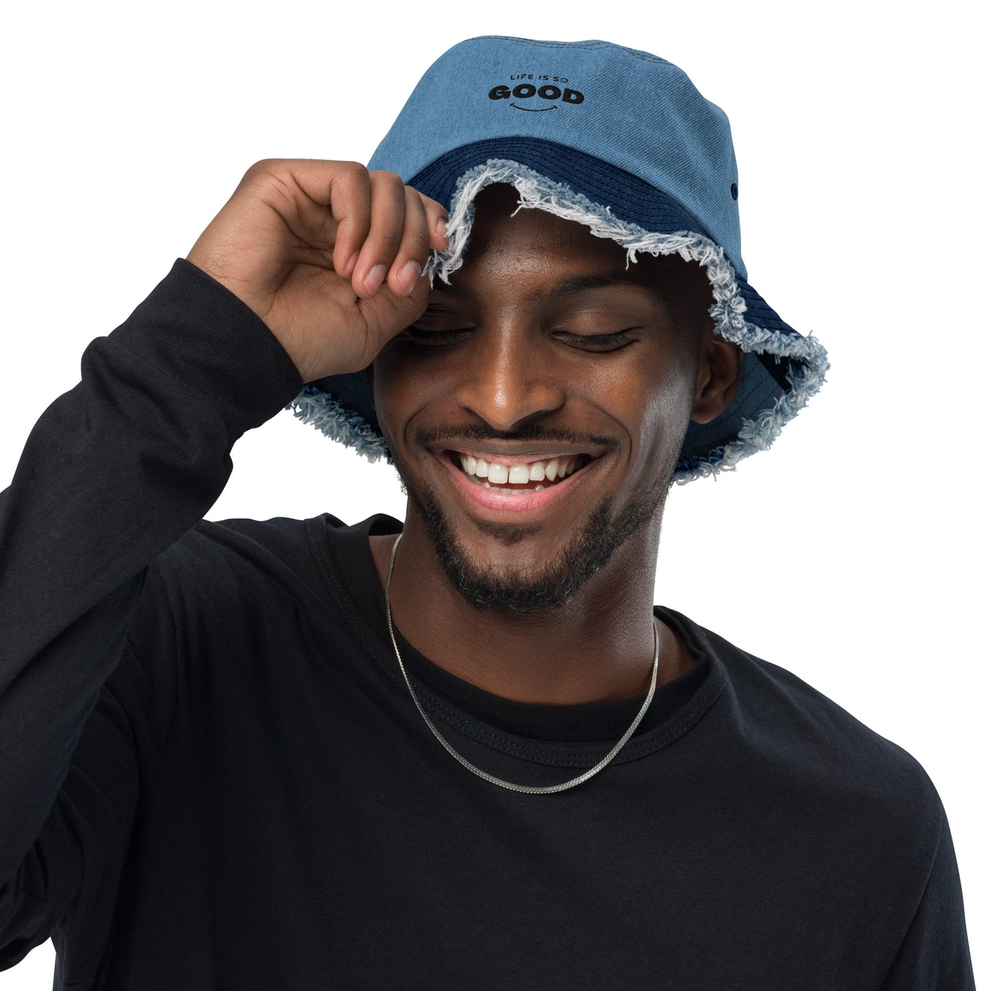 LIFE IS SO GOOD Distressed denim bucket hat