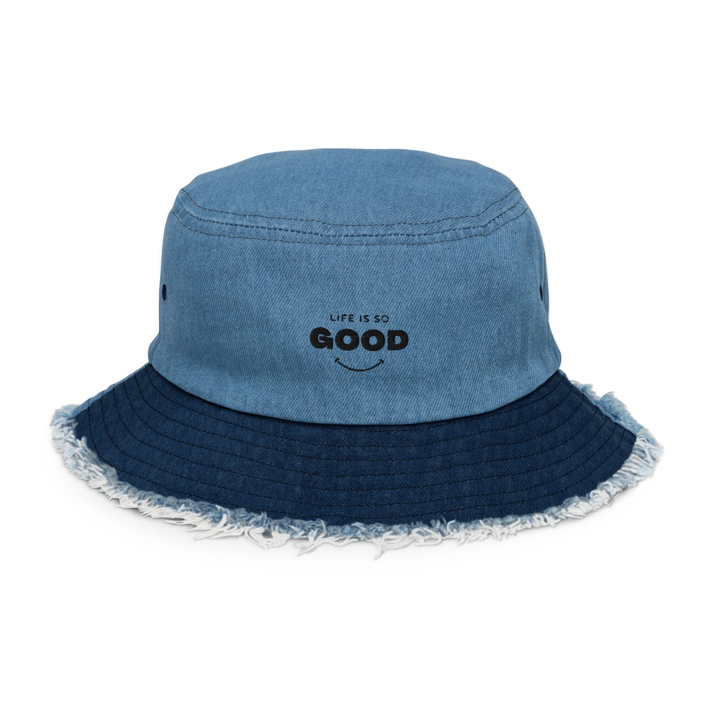 LIFE IS SO GOOD Distressed denim bucket hat