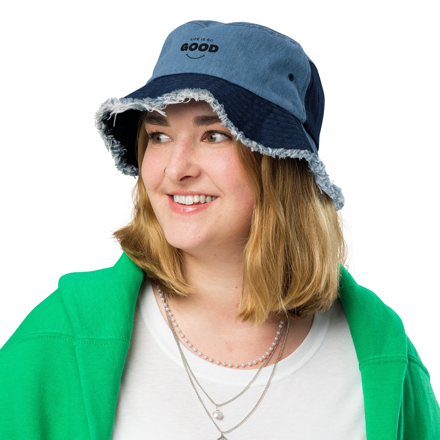 LIFE IS SO GOOD Distressed denim bucket hat
