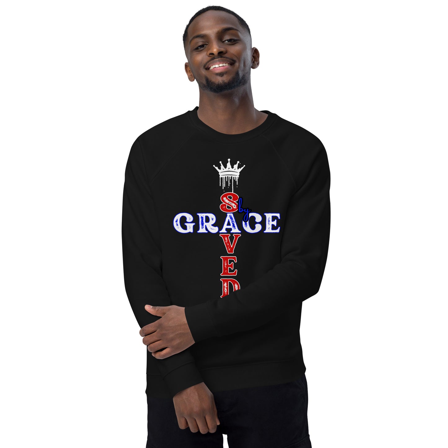 Saved by Grace Unisex organic raglan graphic sweatshirt