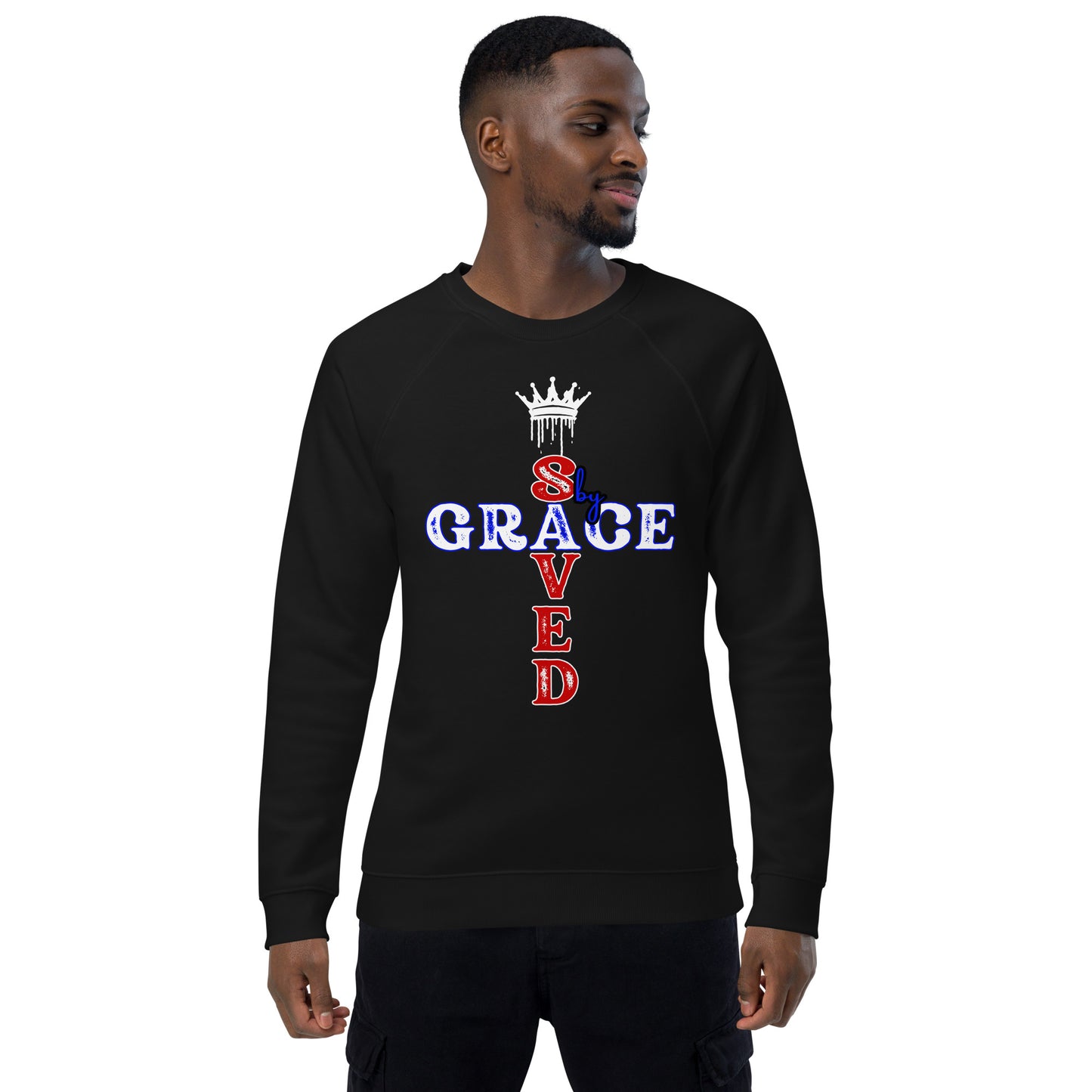 Saved by Grace Unisex organic raglan graphic sweatshirt