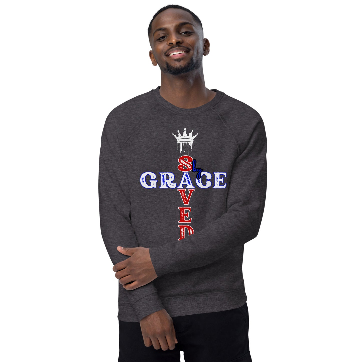 Saved by Grace Unisex organic raglan graphic sweatshirt