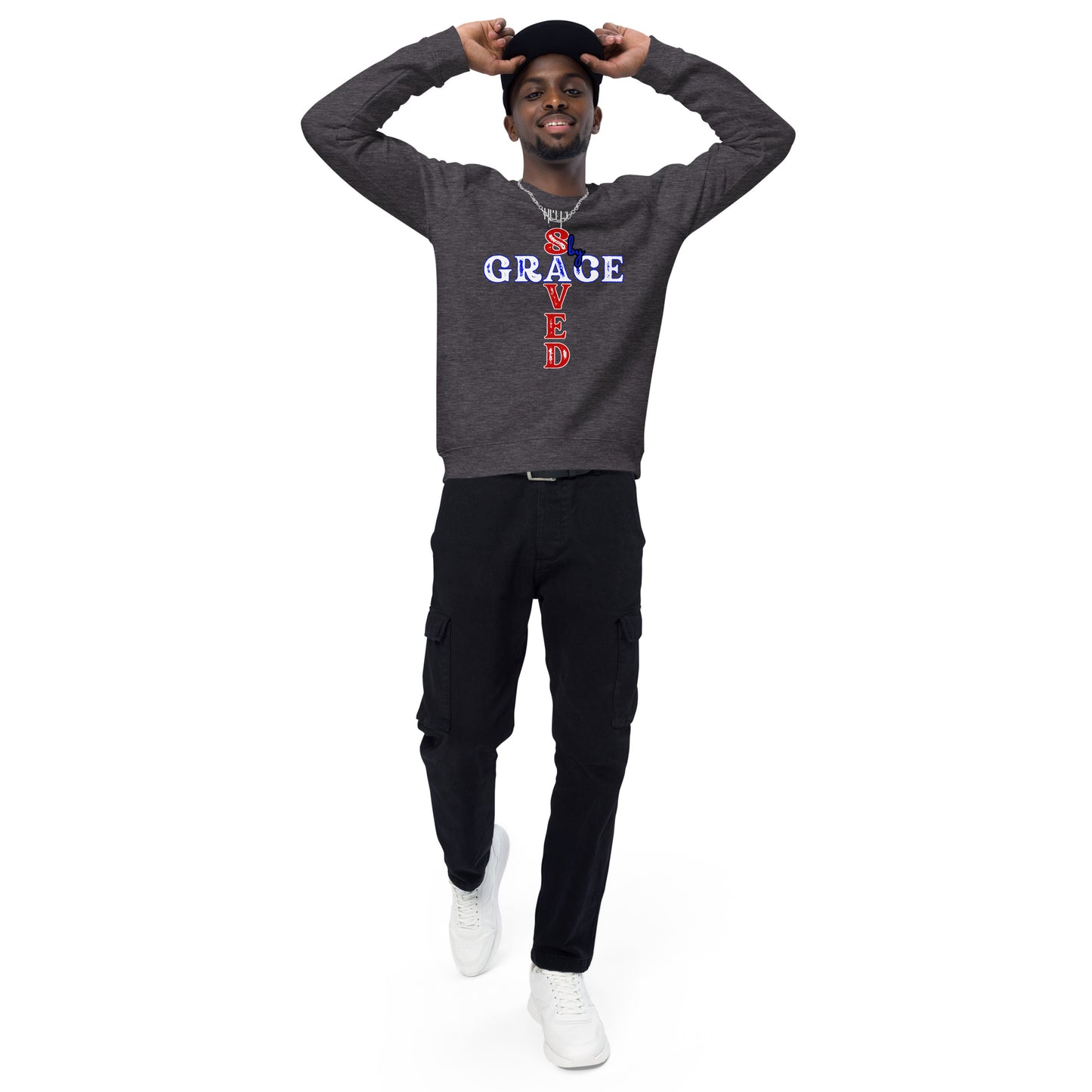 Saved by Grace Unisex organic raglan graphic sweatshirt