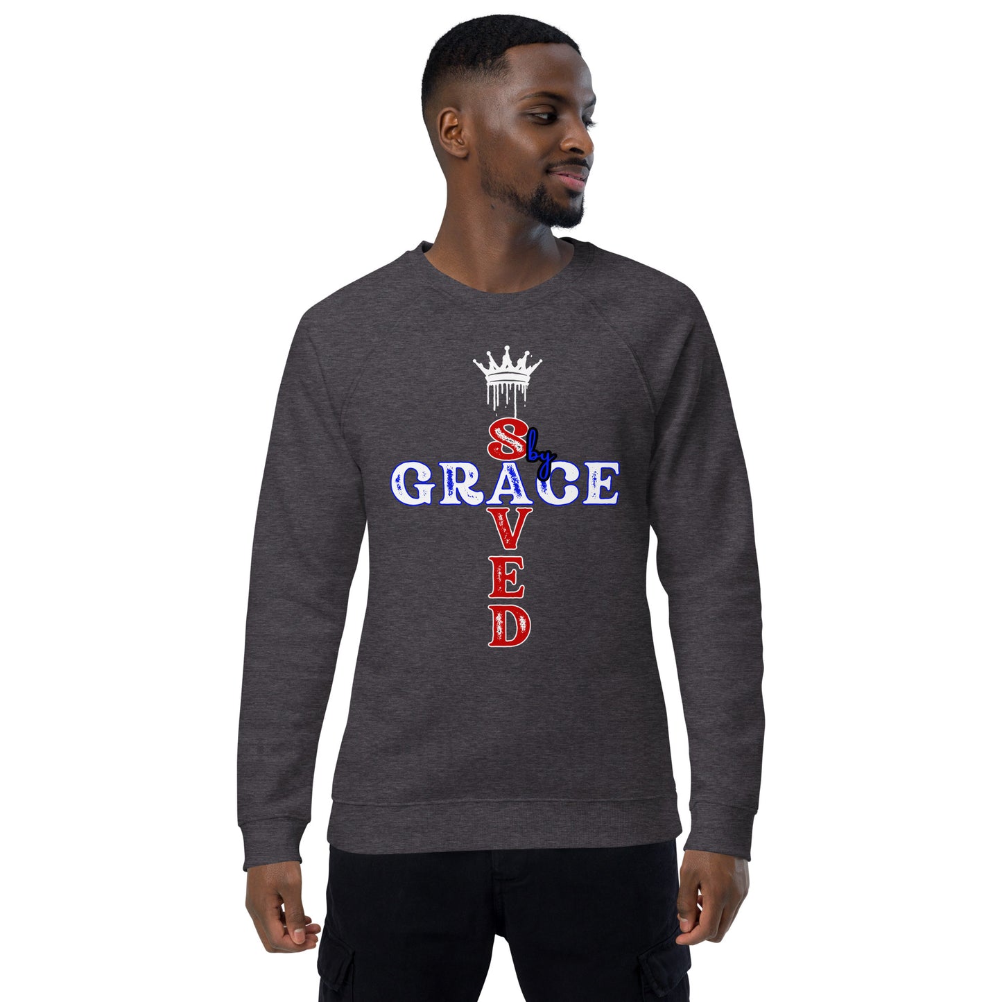 Saved by Grace Unisex organic raglan graphic sweatshirt