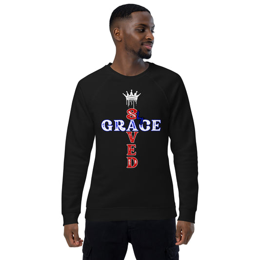 Saved by Grace Unisex organic raglan graphic sweatshirt